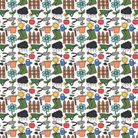 Colored seamless gardening pattern. Doodle vector with gardening icons. Vintage gardening icons on white background