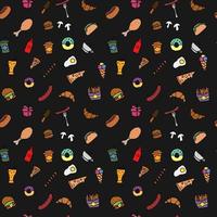 Doodle fast food icons. seamless pattern with food icons. Fast food set icons, fastfood background.  food icons on black background. hand drown vector pattern with fast food icons