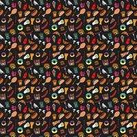Doodle fast food icons. seamless pattern with food icons. Fast food set icons, fastfood background.  food icons on black background. hand drown vector pattern with fast food icons