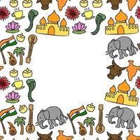 Colored seamless pattern with doodle indian icons with place for text. Indian vector icons. you can use this as a background for a wedding card or greeting