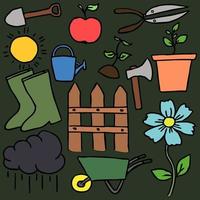 Colored doodle vector with gardening icons. Vintage gardening icons on green background