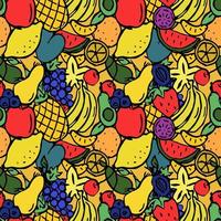 Seamless colored fruits pattern. Doodle illustration with banana, pineapple, apple, cherry, lemon, avocado, grape, watermelon, orange. Vintage fruit pattern, sweet elements background for your project vector