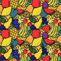 Seamless colored fruits pattern. Doodle illustration with banana, pineapple, apple, cherry, lemon, avocado, grape, watermelon, orange. Vintage fruit pattern, sweet elements background for your project vector