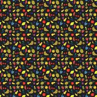 Seamless fruits vector pattern. Doodle vector with fruits icons on black background. Vintage vegan pattern