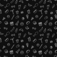 Doodle fast food icons. seamless pattern with food icons. Fast food set icons, fastfood background.  food icons on black background. hand drown vector pattern with fast food icons