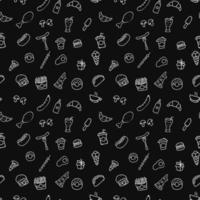 Doodle fast food icons. seamless pattern with food icons. Fast food set icons, fastfood background.  food icons on black background. hand drown vector pattern with fast food icons