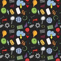 Colored seamless doodle pattern with business and technology set icons. Doodle vector with business icons on dark background. Vintage technology icons,sweet elements background for your project