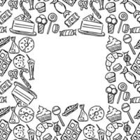 Seamless sweets pattern with place for text. Doodle vector with sweets icons on white background. Vintage sweets illustration, sweet elements background for your project, menu, cafe shop