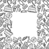 Seamless sweets pattern with place for text. Doodle vector with sweets icons on white background. Vintage sweets illustration, sweet elements background for your project, menu, cafe shop