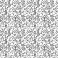 Seamless fruits and vegetables vector pattern. Doodle vector with fruits and vegetables icons on white background. Vintage vegan pattern