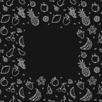 Seamless fruits pattern with place for text. Doodle vector with fruits icons on black background. Vintage fruits illustration, sweet elements background for your project, menu, cafe shop