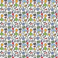 Colored seamless doodle pattern with business and technology set icons. Doodle vector with business icons on white background. Vintage technology icons,sweet elements background for your project