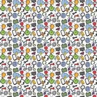 Colored seamless doodle pattern with business and technology set icons. Doodle vector with business icons on white background. Vintage technology icons,sweet elements background for your project