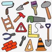 Colored construction build icons on white background. doodle vector illustration with tools for construction.