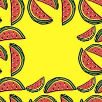 Seamless watermelon pattern with place for text. Doodle vector with watermelon icons on yellow background. Vintage watermelon pattern