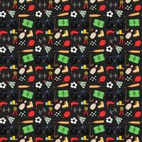 Colored seamless vector pattern with sports icons. Doodle vector with sport icons on black background. Vintage sport pattern