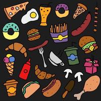 Doodle fast food icons. Fast food set icons, fastfood background.  food icons on black background. hand drown vector illustration with fast food icons