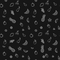 Seamless fruits and vegetables vector pattern. Doodle vector with fruits and vegetables icons on black background. Vintage vegan pattern