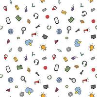 Colored seamless doodle pattern with business and technology set icons. Doodle vector with business icons on white background. Vintage technology icons,sweet elements background for your project