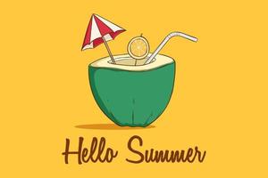 hello summer with coconut drink on yellow background vector