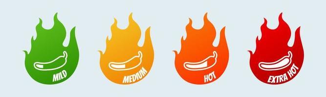 Spicy hot chili pepper icons set with flame and rating of spicy mild, medium hot and extra hot level. vector