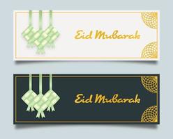 Eid mubarak festival greeting background design template. Eid mubarak background with realistic ketupat vector illustartion.