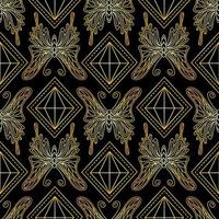 Seamless pattern with golden butterflies and diamonds on a black background. vector