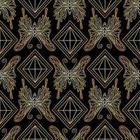 Seamless pattern with golden butterflies and diamonds on a black background. vector