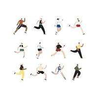 Hand drawn vector illustration of running and jogging people set