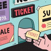 Hand drawn vector illustration of seller giving tickets to another hand at ticket office.