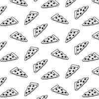 Hand drawn vector illustration of pizza pattern. black and white. cartoon style.