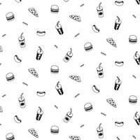 Hand drawn vector illustration of hamburger, pizza, hotdog, soft drink pattern.