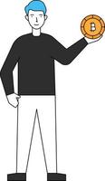 The boy is standing with a bitcoin in his hand. vector