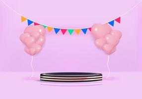 Happy birthday cute style with podium for product presentation and hearts 3d objects on pink background. 3d model illustration. vector