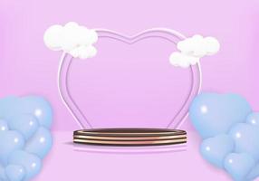 Happy birthday cute style with podium for product presentation and hearts 3d objects on blue background. 3d model illustration. vector