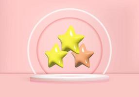 3d cute stars icon. Minimal 3D scene product display circle podium background pink color. vector