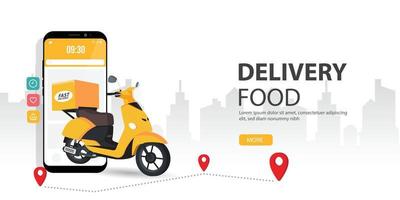 Online food ordering. Vector concept illustration of mobile smartphone screen with delivery courier with food. Represents a concept of online food ordering.