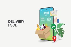 Delivery food on mobile. E-commerce concept. Online food order infographic. Webpage, app design. Perspective vector