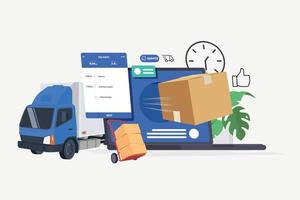 Delivery van movement on GPS map laptop screen background. Order Tracking concept. Vector illustration flat