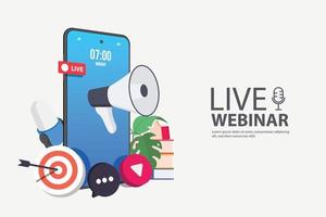 Live Webinar with mobile phone. Virtual concept. Video play button symbol. Vector stock illustration.