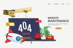 Maintenance page or 404 error with house building site, builders, Website under construction concept.  civil engineer, crane and laptop. Web banner and background in flat design. vector