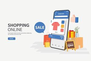 Online store via smart phone set on podium with floating gift boxes aside, 3D web banner of online shopping vector