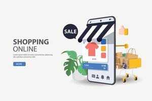 the concept of online shopping on social media app. 3d Smartphone with shopping bag, chat message, delivery, 24 hours, and like icon. suitable for promotion of digital stores, web and ad