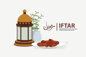 Iftar Ramadan celebration flyer concept illustration. Sweet Dates, Lantern and Plate of dates. Islamic Holy Month, Ramadan Kareem. Web landing page, banner, presentation, social or print media vector