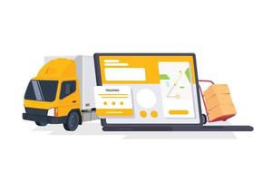 Online order tracking vector illustration. Laptop with open website app for order tracking with map. Fast respond delivery package shipping on mobile. E-store. Isolated on white background