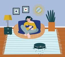 Happy young mother with baby rest while robot vacuum cleaner hoovering. Flat vector illustration.