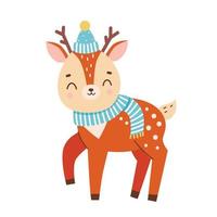 Cute deer in a hat and scarf. Vector illustration.