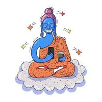 Buddha with cooffee and smartphone. Vector illustration.