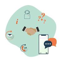 Communication and network between people. Contract. Team and hand shake over network. Business vector illustration