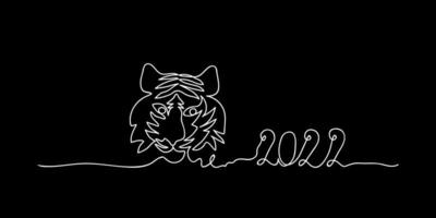 Continuous one line silhouette of a tiger on a black background.Continuous one line of New Year 2022 in silhouette. Minimal style. Perfect for cards, party invitations, posters, sticker vector